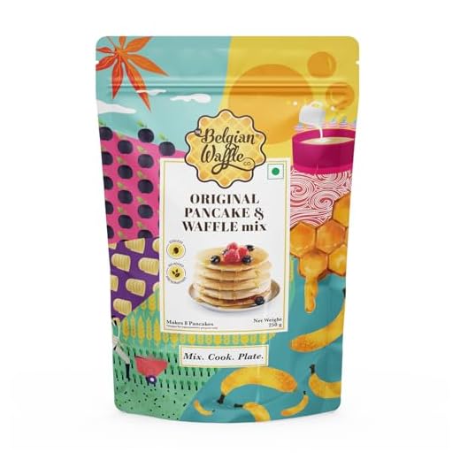 The Belgian Waffle Co Original Pancake & Waffle Premix, 100% Vegetarian and Eggless, No Added Preservatives and Organic Non Refined Sugar, Instant Breakfast Mix - 250gm (9 Pancakes Each, Pack of 1)
