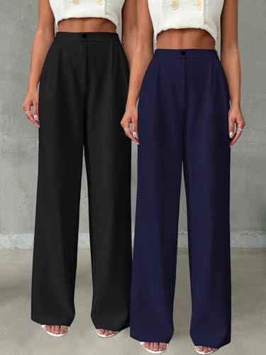 Image of Toochki Trousers for Woman Pants Women's Formal Office Korean | Beige Track Pant | Straight | Cotton Spandex Stretchable Trouser | High-Waisted Bottom Wear | Pack of 2 Combo
