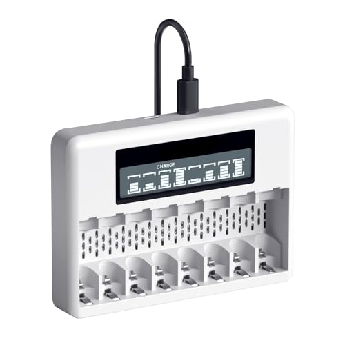 CITYORK Cargador de Pilas Recargables de 8 Ranuras para Li-Ion Pilas Recargables AA AAA Pantalla LCD Automática con Carga rápida USB