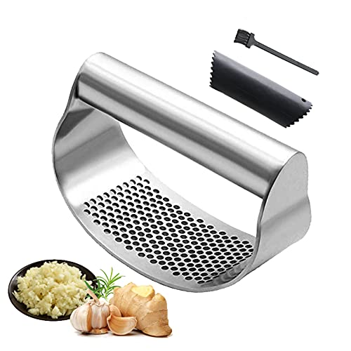 Kitchen Garlic Rocker, Garlic Crusher, Stainless Steel Garlic Press, Garlic Peeler and Cleaning Brush with Ginger Crusher, for Home Kitchen Restaurant Gadgets, Easy Using Cleaning