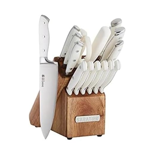 Sabatier 15-Piece Forged Triple Rivet Knife Block Set, High-Carbon Stainless Steel Kitchen Knives, Razor-Sharp Knife set with Acacia Wood Block, White Handles