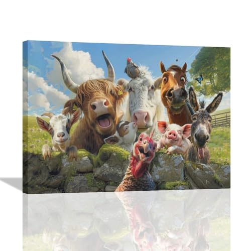 Funny Animals Wall Art Farmhouse Cow Donkey Pig Pictures Canvas Bathroom Decor Farm Horse Prints Painting Rustic Country Framed Artwork for Bedroom Living Room Kitchen Bathroom 12"x16"