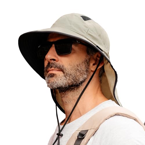 TOP-EX M/L/XL/XXL Unisex Mens Sun Hat for Women with Neck Flap Sunglass Lock UV Protection Wide Brim Fishing Hats Waterproof & Packable Beige L/XL