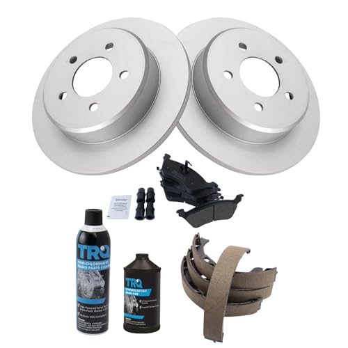 Image of TRQ Rear Brake Pad & Rotor Kit, with Chemical Kit Parking Brake Shoe Set Semi-Metallic Compatible with 2001-2007 Chrysler Town & Country Dodge Caravan Grand Caravan