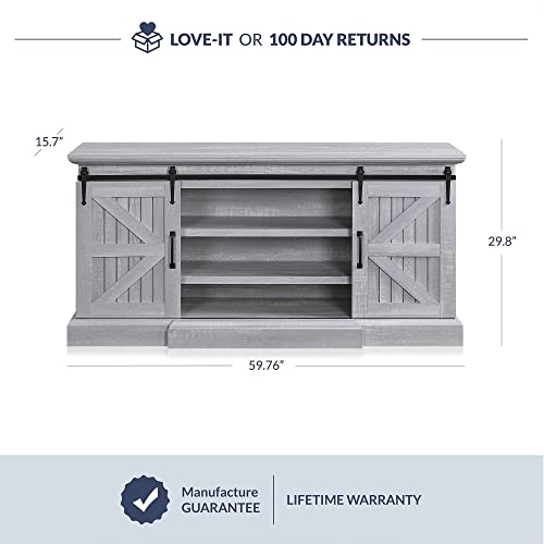 Belleze Modern 60 Inch Farmhouse Coffee Bar Cabinet With Storage Sliding Barn Door Sideboard Kitchen Buffet Storage Cabinet With Adjustable Shelves, Stone Gray #TOP5