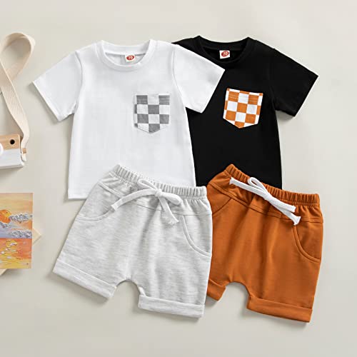 Toddler Baby Boy Summer Outfits Letter Print Short Sleeve T-Shirt Tops Elastic Waist Shorts 2Pcs Clothes Set (Checkered Black, 6-12 Months) #TOP1