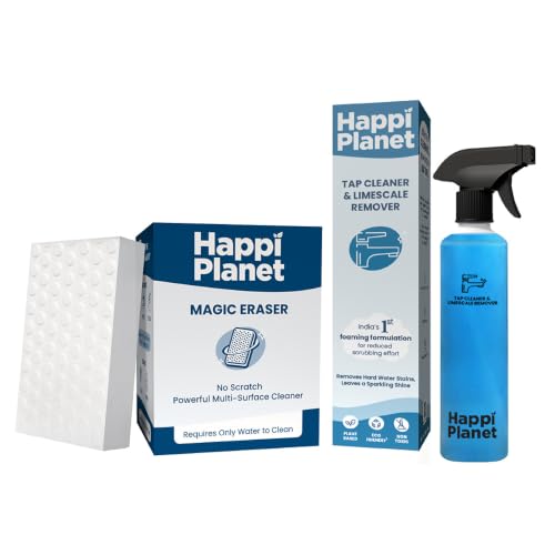 Image of Happi Planet Tap Cleaner & Limescale Remover 500ml + Magic Eraser Pack of 4 | Foaming Cleaner & No-Scratch Sponge | Removes Tough Stains from Taps, Tiles, Walls, Kitchen & Bathroom