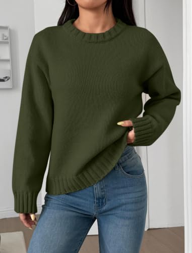 Image of ZAFUL Crew Neck Cozy Long Sleeves Casual Knit Pullover Sweater for Women | Classic Vintage American Style, Ribbed Collar and Cuff, Relaxed Fit, Cozy Chunky Knitwear Jumper