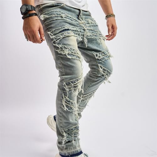 Men's High Waisted Stacked Ripped Loose Slim Fit Jeans Y2K Fashion Denim Pants Streetwear 6