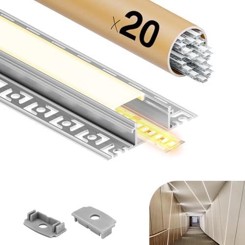 GEEKLUX Profilé Aluminium LED 20 x 2m, Profilé Led Encastrable pour Plaques de Plâtre, Profilé en Aluminium pour Ruban led, Diffuseur, Convient aux Bandes led Jusqu'à 20 mm (20 * 2M（40M）)