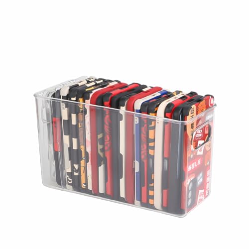 Ymeibe Plastic Clear Phone Case Organizer, Storage Holder Box with Handle Multifunctional Phone Case Storage, Electronics Organizer for Desk, Cabinet, Shelf (Deep)