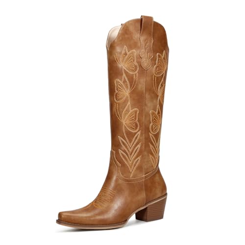Image of wetkiss Brown Cowboy Boots for Women Knee High Cowgirl Boots – Butterfly Embroidered Zipper Chunky Heel Boot, Casual, Festivals, Shopping & Western Parties, Vintage Style Comfort Tall Boot