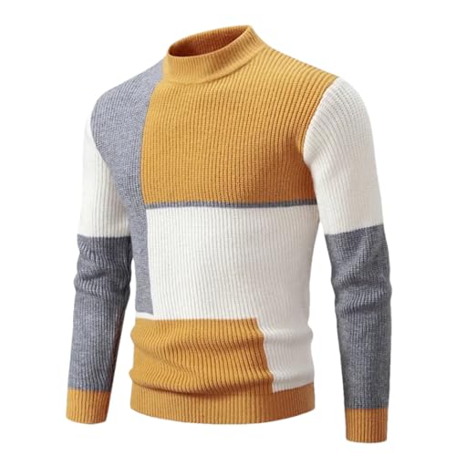 Men's Stand-Up Collar Pullover, Spliced Knitted Warm Sweater, Slim Casual Top