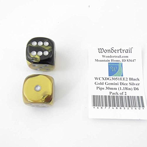 Black and Gold Gemini Dice with Silver Pips 30mm (1.18in) D6 Pack of 2 Wondertrail