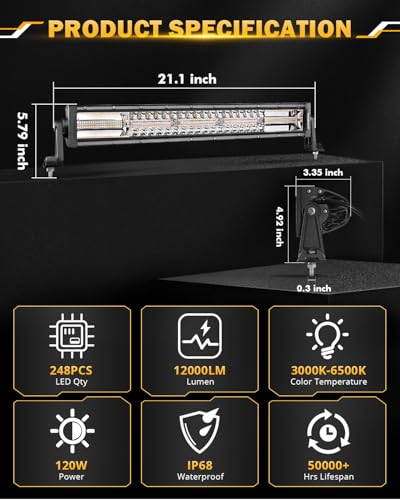 Image of Auxbeam 22 Inch LED Light Bar, 120W 6 Modes Amber White Strobe Fog Lights, Yellow Spot Flood Memory Reset Function Offroad Driving Work Ditch Light for Truck Car ATV
