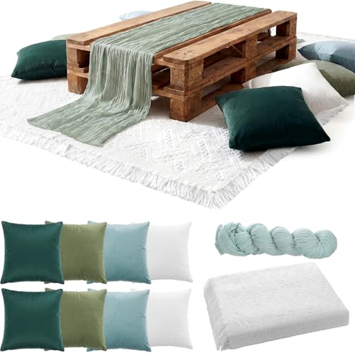 Moukeren 10 Pcs 71''x102'' Extra Large White Outdoor Boho Picnic Blanket with Green Table Runner 8 Throw Pillow Cover Oversized Washable Portable Beach Blanket for Valentine Picnic Camp Lawn Wedding
