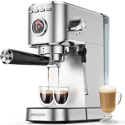 Spacekey Espresso Machine with Milk Frother, 20 Bar Compact Expresso Coffee Machines for Home, Stainless Steel Espresso Maker with 39oz Removable Water Tank for Cappuccino Latte, Fast Heating, Silver