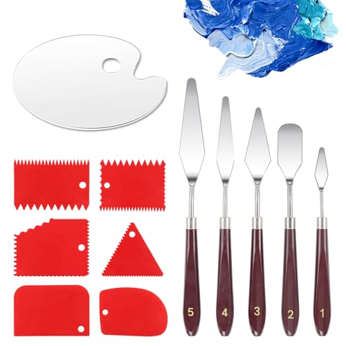 WEDAMOO 12 Pièces Ensemble de Couteaux à Peinture, 5 Couteaux à Peindre en Acier Inoxydable＋6 Plastique Couteaux Grattoirs＋1 Palette, Spatule Peinture...