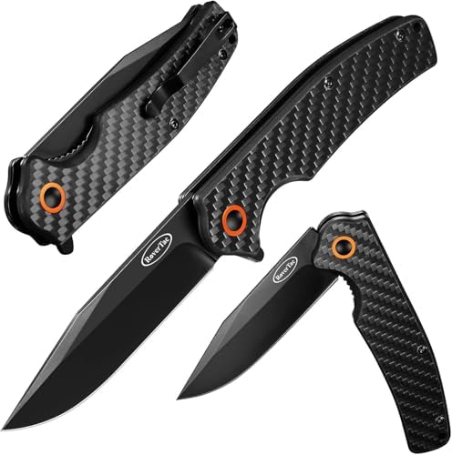 RoverTac Pocket Folding Knife, D2 Stainless Steel Blade with Carbon Fiber Handle Liner Lock Pocket Clip, Perfect for Camping Hiking EDC, Gifts for Men Christmas Gifts