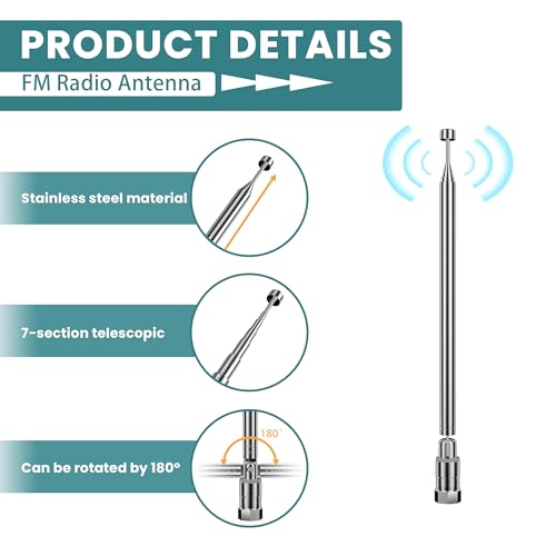 TUOLNK Antena FM do Hifi, antena radiowa Dab 75 omów, teleskopowa antena telewizyjna, wewnętrzne złącze typu F z 3 szt. typu F do telewizora, adaptery męskie F do 3,5 mm do mini radia systemowego