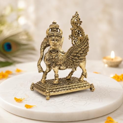 Image of Brass Flying Kamdhenu Cow Idol, Vastu Remedy for Prosperity (9 cm, 125 g)