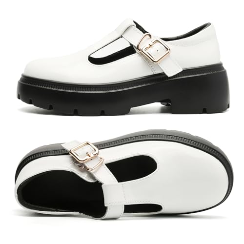 Ruiatoo Women Mary Jane Dress Shoes Platform Loafers Low Heel Chunky Pumps Round Toe Oxford Shoes White 362
