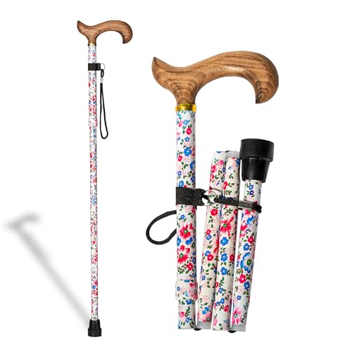 Segorbina de Bastones Aluminiowa składana laska wspierająca, wykończenie kwiatów i mankiet ciepłe drewno. Regulowana wysokość 84-92 cm. Kij do torby lub walizki tylko 30 cm składany (602FC)