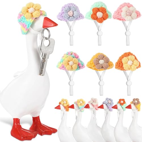 Geyoga 6 Pcs 7 Inch Desk Goose Outfits Mini Knitted Hats with Adjustable Strap Porch Goose Statue Headwear(Cute Flower)