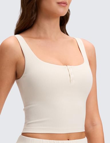 Image of CRZ YOGA Ribbed Henley Crop Tank Tops | Medium Support, Removable Pads, Casual, Square Back, Wide Straps, Longline Sports Bras for Women