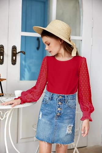 Image of Arshiner Girls Long Sleeve Shirt with Ruffle Cuffs Polka Swiss Dots Kids Girls Pullover Shirts Cute Crewneck Girls Top