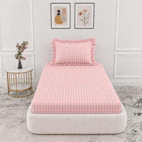 Image of VOMZER Single (36x72) 300 TC Soft Cotton Feel Microfiber All Around Elastic Fitted Single Bedsheet with 1 Frill Pillow Covers | Pink Check