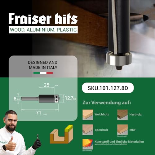 Fraiser Bündigfräser mit oberem Kugellager – 2 gerade Schneiden aus Hartmetall, Schneiddurchmesser 12,7mm, Schneidhöhe 25mm, Schaft 8mm – für Oberfräse und Kantenfräse