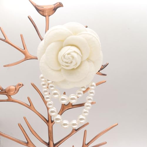 Image of Elegant Camellia Flower Faux Pearl Brooch Pin,Bohemian Fabric Flower Brooch Pins Pearl Tassel for Women Teen Girls, Corsage Wedding Brooches Clothes Dress Coat Accessories Jewelry Gift