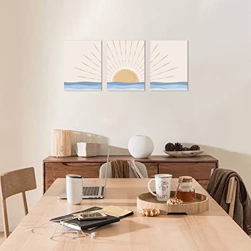 Boho Wall Art Set Of 3, Neutral Geometric Sun Rising On The Sea Minimalist Art Framed Canvas Prints Artwork, Mid Century Modern Boho Sun Wall Art Decor For Bathroom, Bedroom, Living Room, Office #TOP6