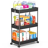 SPACEKEEPER Rolling Storage Cart 3 Tier Bathroom Cart Organizers with Wheels Laundry Room Organization Mobile Shelving Unit Utility Cart Storage Shelves Multi-Functional for Office, Home, Black