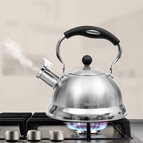 Qucrow Whistling Tea Kettle With Heat-Proof Handle, Kitchen Grade Stainless Steel Teapot Stovetops, 3 Quart, Silver #TOP3