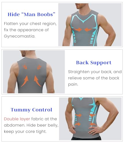 Image of Compression Shirt Men Slimming Body Shaper Vest Crewneck Workout Tank Top | Tummy Control Undershirts, Gynecomastia Compression Shirts, Back Support, Sleeveless Muscle Shirts, Shaping Tank Top