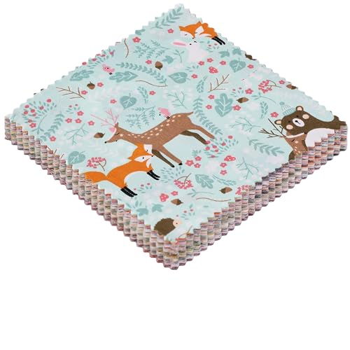 Qokfouy 84Pcs 5x5 inch Cotton Fabric Squares Cartoon Animal Print Fabric Squares 5x5 for Quilting Sewing Patchwork Baby Blanket Quilt Bags and Crafts Charm Packs for Quilting 5 inch Cartoon