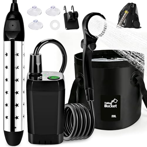 Libershine Tragbare Campingdusche mit Pumpe 6000 mAh Camping Dusche mit Heizfunktion und 20L Falteimer Campingdusche Akku Camping mit Temperaturanzeige für Outdoor Reisen Garten Autowaschen