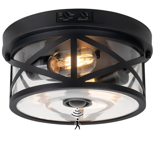 Frelii Motion Sensor Outdoor Ceiling Light Black Flush Mount Light Fixture