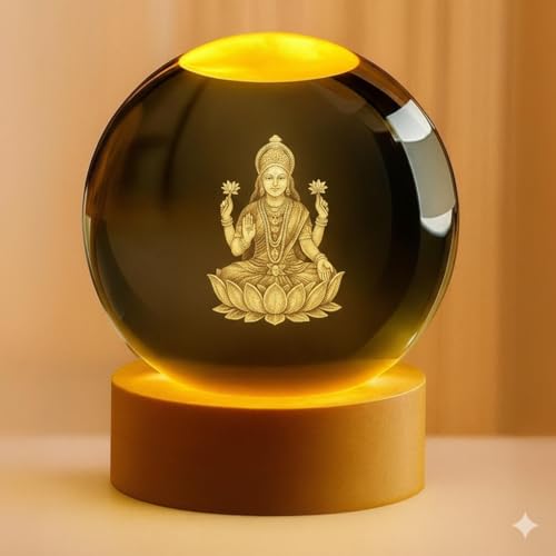 Image of COVACURE 3D Lakshmi Devi Idol Crystal Ball Night Lamp Creative Engraved 2.4 Inch Glass Ball Goddess Laxmi MATA Murti Crystal Ball Night Light, USB Table LED Wooden Glass Ball for Home, Office