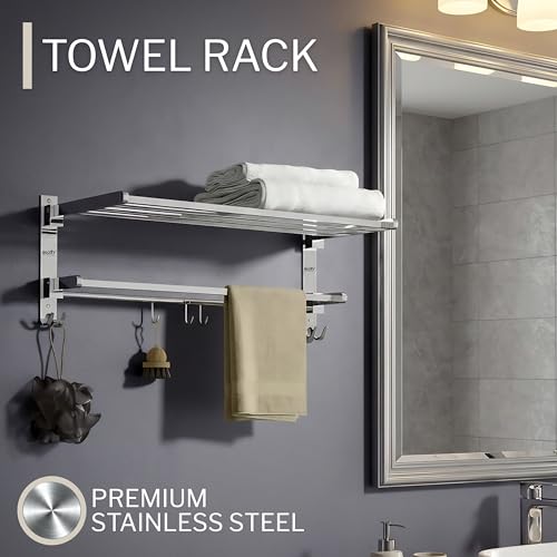 Image of GLOXY Premium Stainless Steel Bathroom Accessories Set Combo Pack of 5 Includes Folding Towel Rack, Toothbrush /Tumbler Holder, Towel Ring /Napkin Holder, Towel Rod /Bars and Soap Holder /Dish