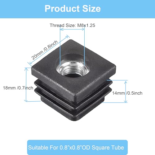 Image of MyyiTar 4 Pcs Square Chair Leg Floor Protector, Furniture Leg Protectors, Plastic Plugs 0.8 inchx0.8 inch OD Square Tubing Endcap with M8 Thread for Tubular Racks Legs Inserts,Black 0.8 inch