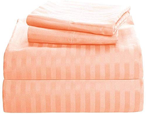 COTTONWALASTrue Heavy 100% Pima Cotton Full Size 4-PCs Sheets Set (1 Fitted, 1 Flat, 2 Pillowcase) Fits 15-18" Pockets Depth, 1500-TC Sateen Weave (Stripe, Peach)