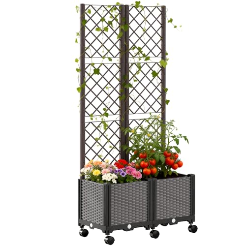 SUNYRISY Dual Hochbeet mit Tomaten Rankhilfe, Blumenkasten mit Rankgitter und Rollenrad, Selbstbewässerung Pflanzkasten Pflanzkübel mit Sichtschutz für Kletterpflanzen Tomate Gurken Rosen