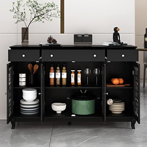 Homsee Buffet Sideboard Storage Cabinet With Glass Doors, 3 Drawers & 6 Storage Compartments, Kitchen Cupboard Console Table For Hallway And Living Room, Black (55.1”L X 15.7”W X 35.4”H) #TOP2
