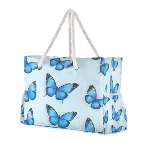 Blue Butterfly (2) Beach Bag & Travel Tote Bag Large Sandproof with Zipper Closure, Wet Pouch for Swim Gym Travel
