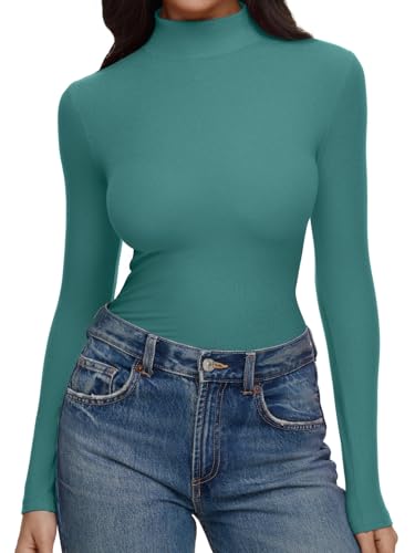 Image of REORIA Women's Turtleneck Tops Slim Basic Mock Neck Long Sleeve Shirts 2025 Fall Winter Layering Outfits