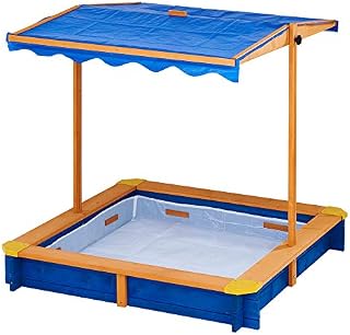 Teamson Kids Large Outdoor Wooden Sand Pit with Lid, Rotatable Canopy & Adjustable Height, Garden Sandbox Toy with Cover for Boys & Girls