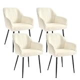 SONGMICS Lot de 4 Chaises Salle à Manger, Chaises de Cuisine, en Velours Côtelé, Rembourrées, Accoudoirs, Charge Max. 120 kg, Pieds en Métal, pour Salle à Manger, Blanc Crème et Noir Mat LDC087WD01-4J